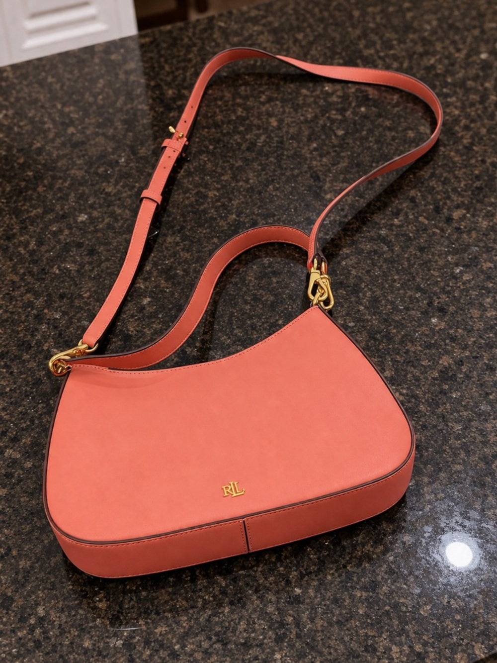 Lauren Ralph Lauren Danni Medium Crosshatch Leather Shoulder Bag Coral Pink